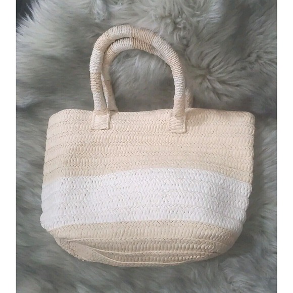 Altru Medium 100% Paper Straw Tan White Double Handles Tote Bag Purse - Picture 2 of 8